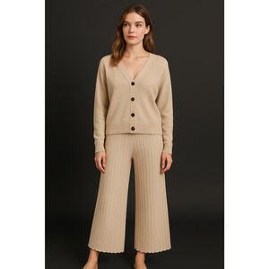 Solid Raglan Sleeve Cardigan & Wide-Leg Pants Set – Soft Beige Knit (One Size)